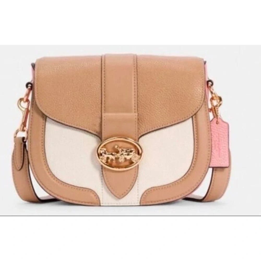Coach Georgie Saddle Bag Colorblock Leather Crossbody Taupe Pink Cream C3593